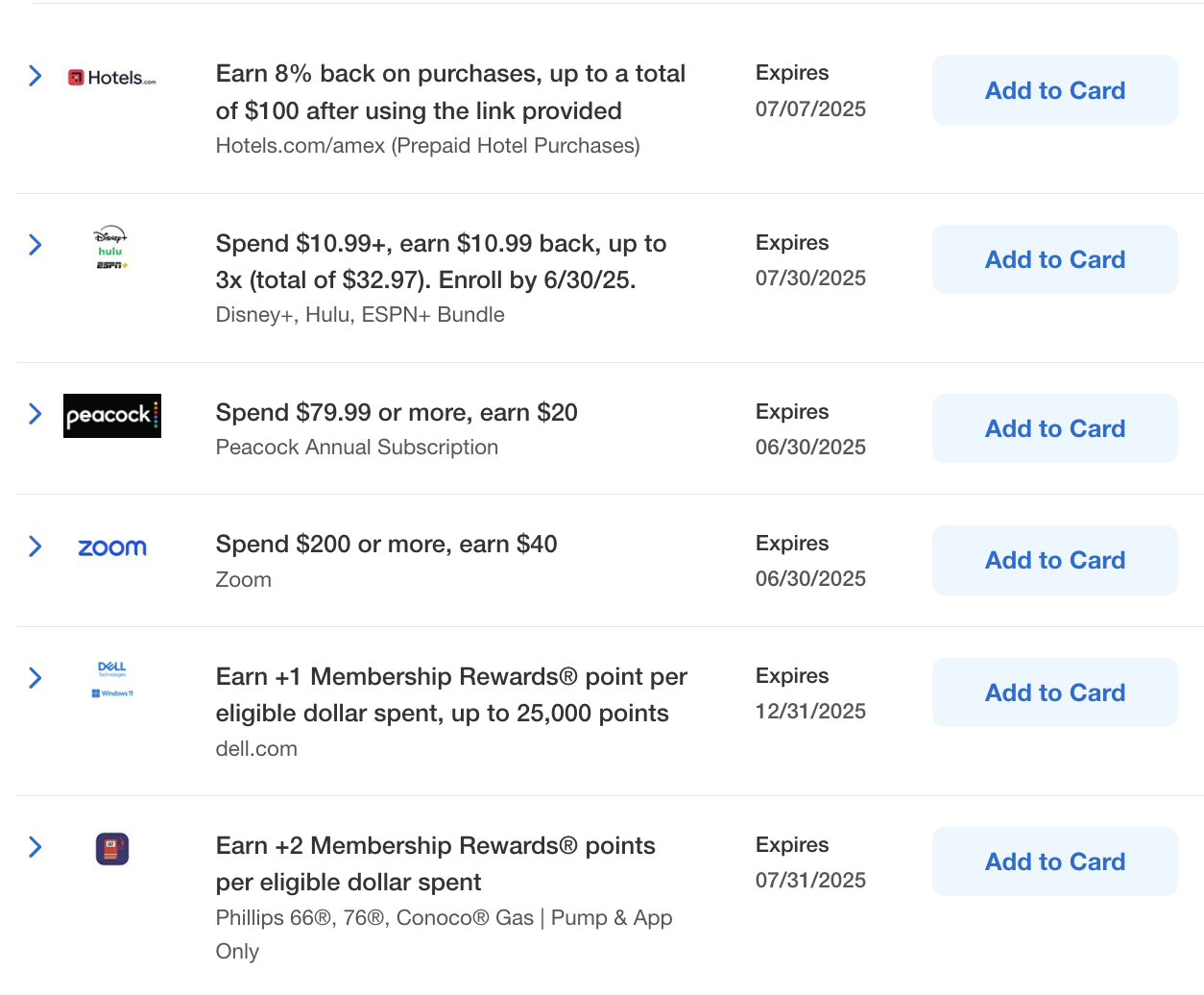 Sample list of Amex offers.